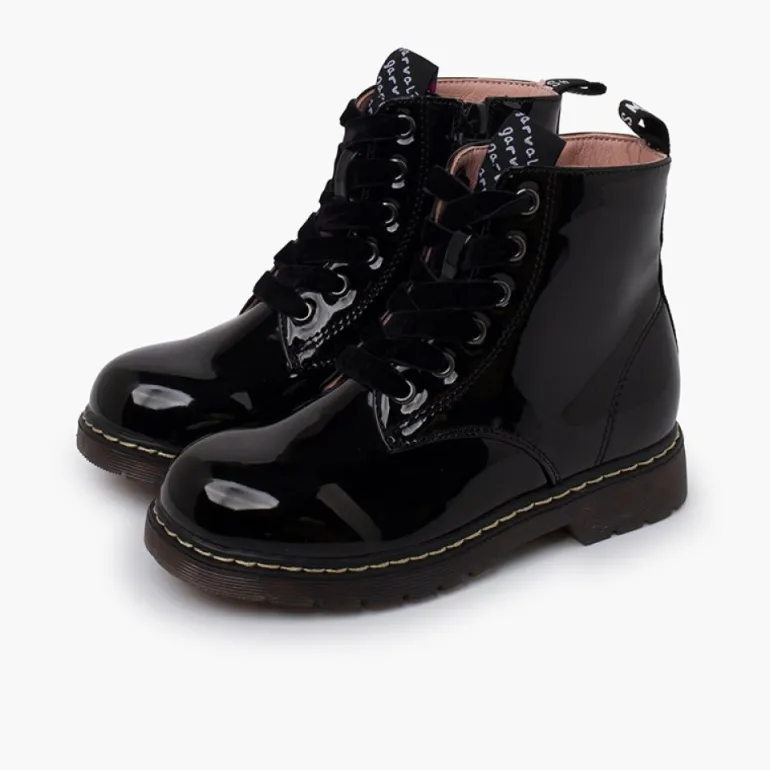 Menina Pisamonas Botas Atacadores Veludo Tipo Verniz Garvalin