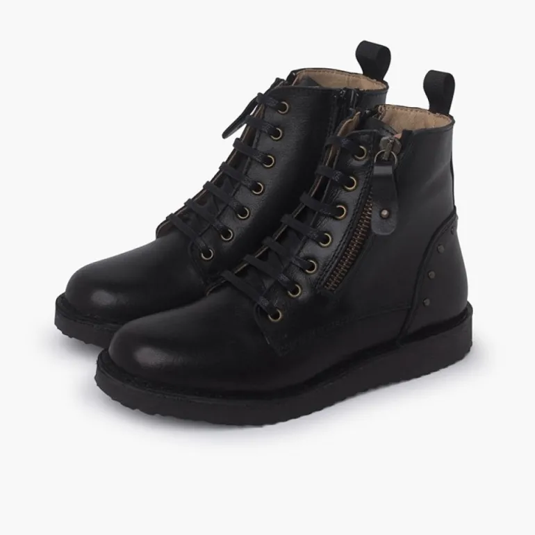 Menina Pisamonas Botas Pele E Tachas Com Duplo Fecho De Correr