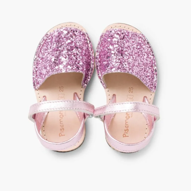 Menina Pisamonas Sandálias Menorquinas Glitter Com Tiras Aderentes