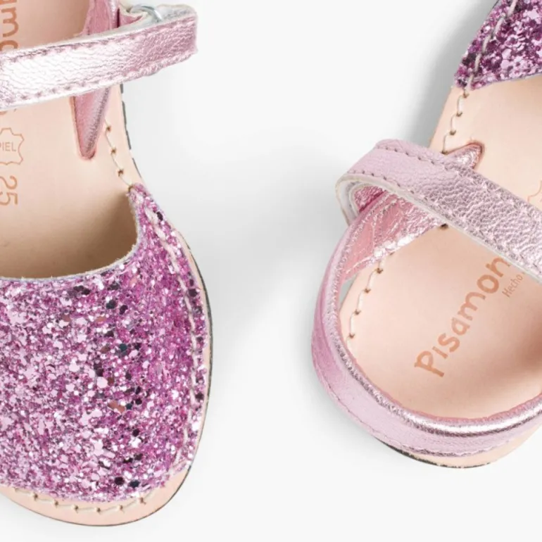 Menina Pisamonas Sandálias Menorquinas Glitter Com Tiras Aderentes