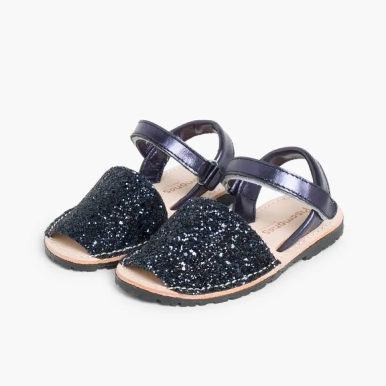 Menina Pisamonas Sandálias Menorquinas Glitter Com Tiras Aderentes