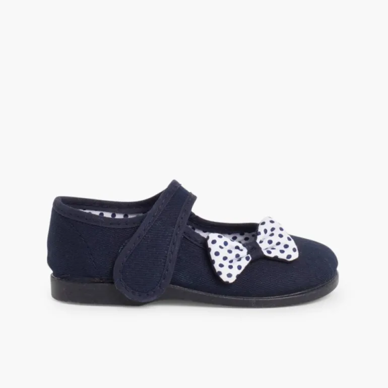 Menina Pisamonas Sapatos Merceditas De Lona Tiras Aderentes Laco Bolinhas