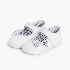 Menina Pisamonas Sapatos Merceditas De Lona Tiras Aderentes Laco Bolinhas