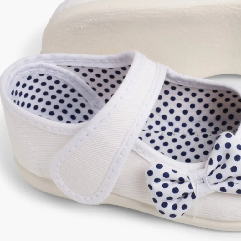 Menina Pisamonas Sapatos Merceditas De Lona Tiras Aderentes Laco Bolinhas