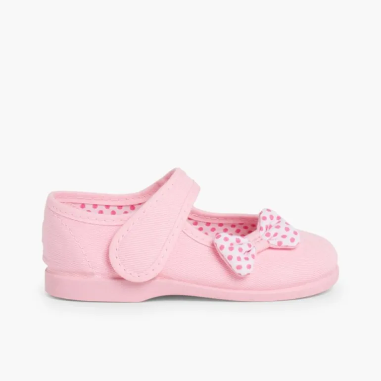 Menina Pisamonas Sapatos Merceditas De Lona Tiras Aderentes Laco Bolinhas