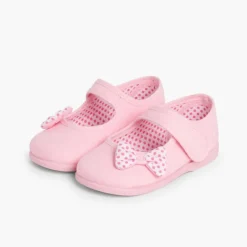 Menina Pisamonas Sapatos Merceditas De Lona Tiras Aderentes Laco Bolinhas