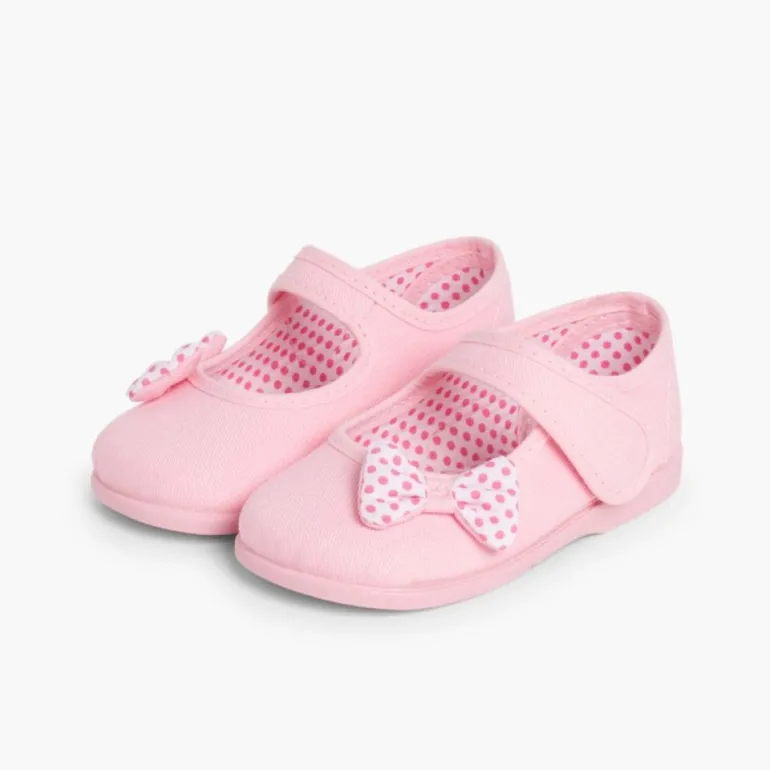 Menina Pisamonas Sapatos Merceditas De Lona Tiras Aderentes Laco Bolinhas