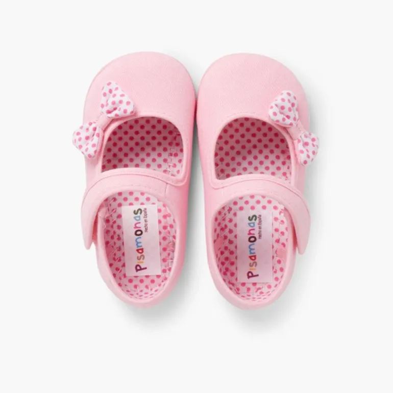Menina Pisamonas Sapatos Merceditas De Lona Tiras Aderentes Laco Bolinhas