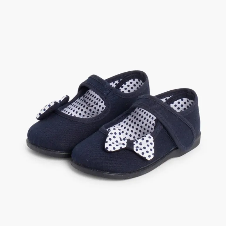 Menina Pisamonas Sapatos Merceditas De Lona Tiras Aderentes Laco Bolinhas