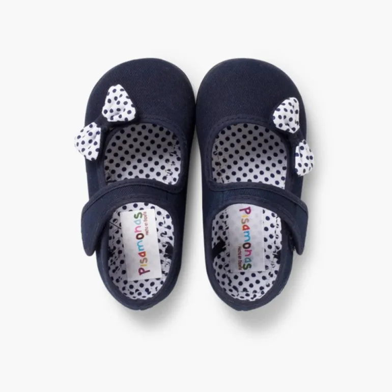 Menina Pisamonas Sapatos Merceditas De Lona Tiras Aderentes Laco Bolinhas