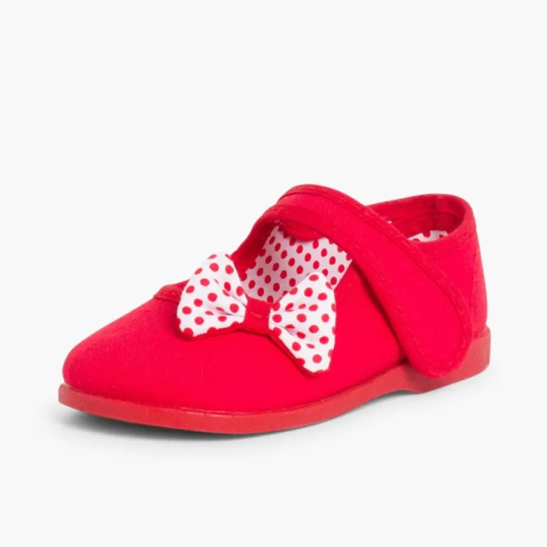 Menina Pisamonas Sapatos Merceditas De Lona Tiras Aderentes Laco Bolinhas
