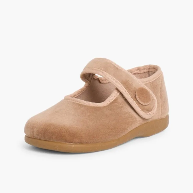 Menina Pisamonas Sapatos Merceditas De Veludo Com Botao Tiras Aderentes