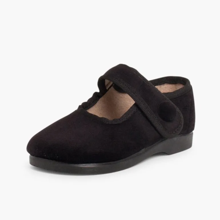 Menina Pisamonas Sapatos Merceditas De Veludo Com Botao Tiras Aderentes