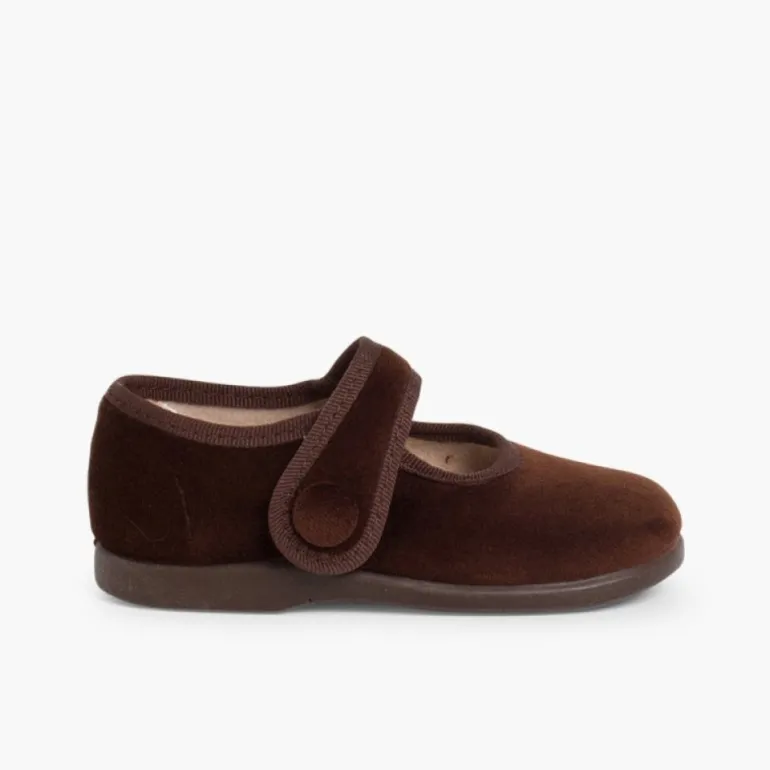 Menina Pisamonas Sapatos Merceditas De Veludo Com Botao Tiras Aderentes