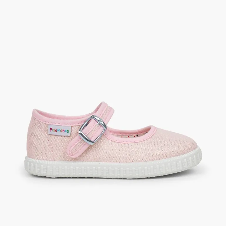 Menina Pisamonas Sapatos Merceditas Fivela Lona Com Brilhos
