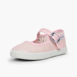 Menina Pisamonas Sapatos Merceditas Fivela Lona Com Brilhos