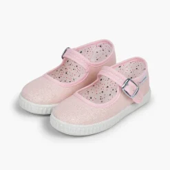 Menina Pisamonas Sapatos Merceditas Fivela Lona Com Brilhos