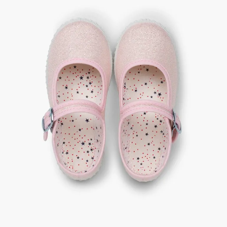 Menina Pisamonas Sapatos Merceditas Fivela Lona Com Brilhos