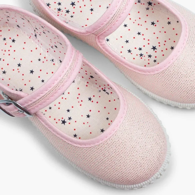 Menina Pisamonas Sapatos Merceditas Fivela Lona Com Brilhos