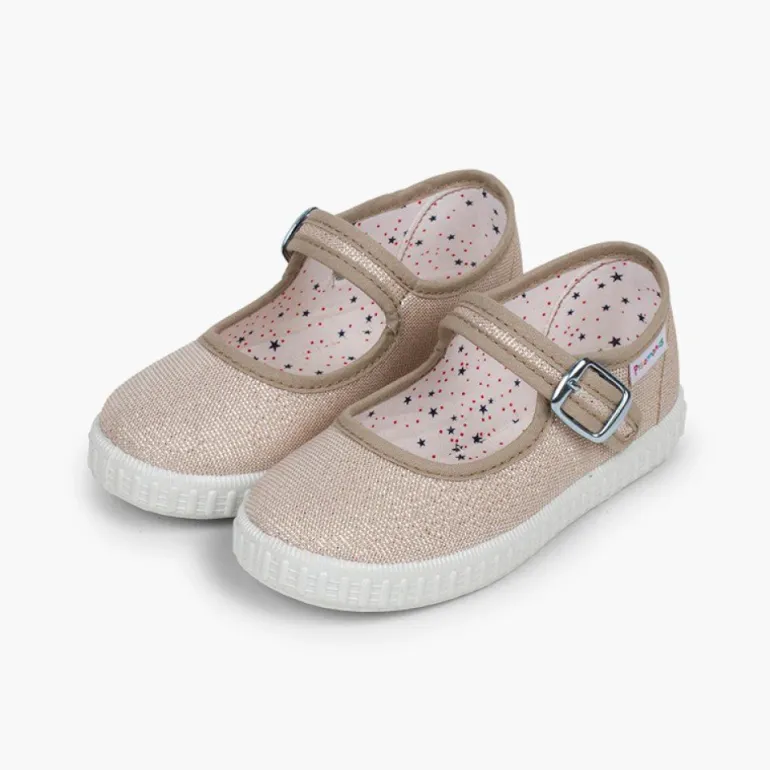 Menina Pisamonas Sapatos Merceditas Fivela Lona Com Brilhos