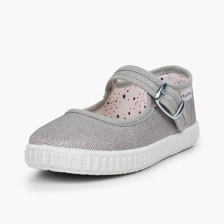 Menina Pisamonas Sapatos Merceditas Fivela Lona Com Brilhos
