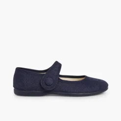 Menina Pisamonas Sapatos Merceditas Linho Tiras Aderentes Botao