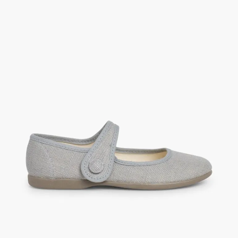 Menina Pisamonas Sapatos Merceditas Linho Tiras Aderentes Botao