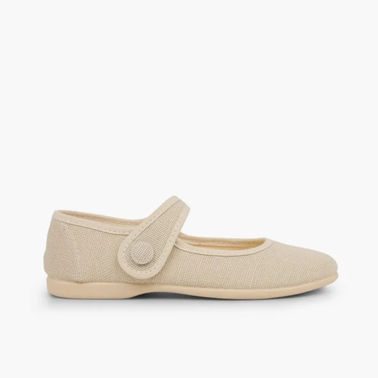Menina Pisamonas Sapatos Merceditas Linho Tiras Aderentes Botao