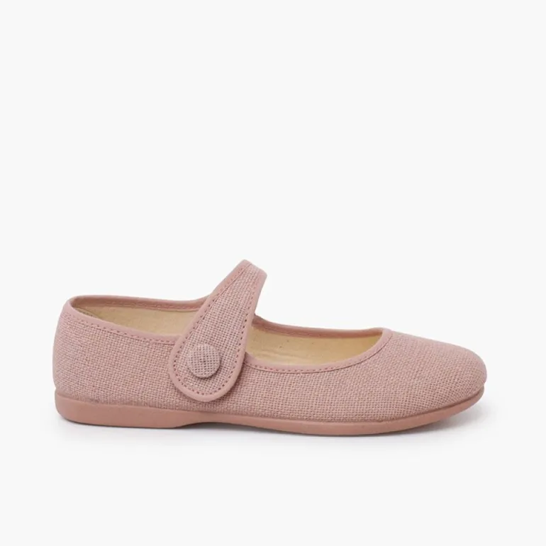 Menina Pisamonas Sapatos Merceditas Linho Tiras Aderentes Botao