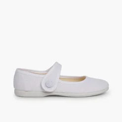 Menina Pisamonas Sapatos Merceditas Linho Tiras Aderentes Botao