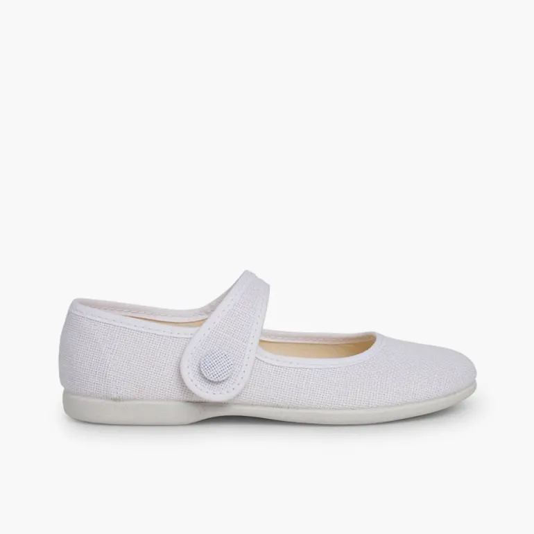 Menina Pisamonas Sapatos Merceditas Linho Tiras Aderentes Botao