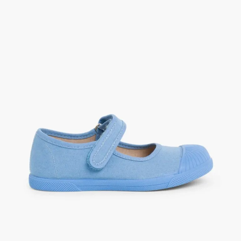 Menina Pisamonas Sapatos Merceditas Lona Tiras Aderentes Biqueira Borracha