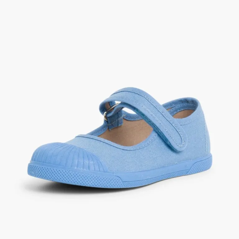 Menina Pisamonas Sapatos Merceditas Lona Tiras Aderentes Biqueira Borracha