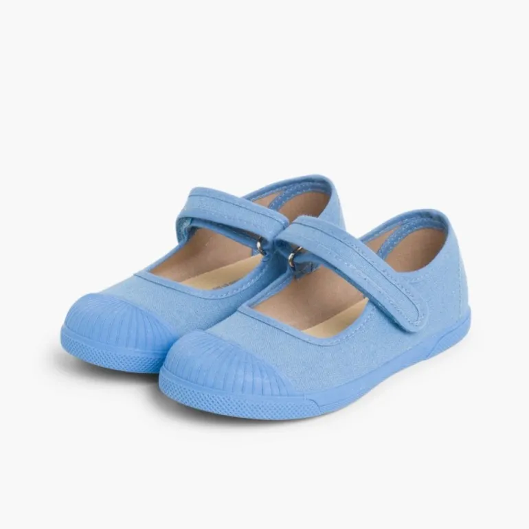 Menina Pisamonas Sapatos Merceditas Lona Tiras Aderentes Biqueira Borracha