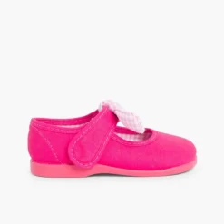 Menina Pisamonas Sapatos Merceditas Lona Tiras Aderentes Com Laco De Vichy