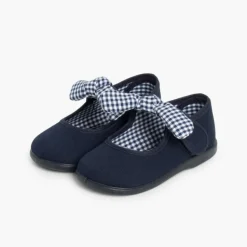 Menina Pisamonas Sapatos Merceditas Lona Tiras Aderentes Com Laco De Vichy