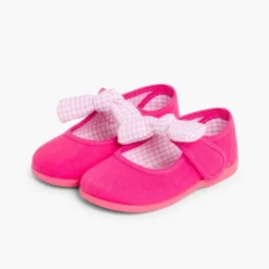 Menina Pisamonas Sapatos Merceditas Lona Tiras Aderentes Com Laco De Vichy