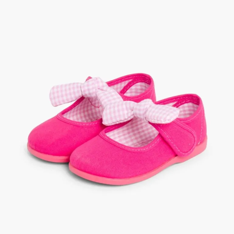 Menina Pisamonas Sapatos Merceditas Lona Tiras Aderentes Com Laco De Vichy