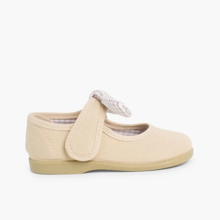 Menina Pisamonas Sapatos Merceditas Lona Tiras Aderentes Com Laco De Vichy