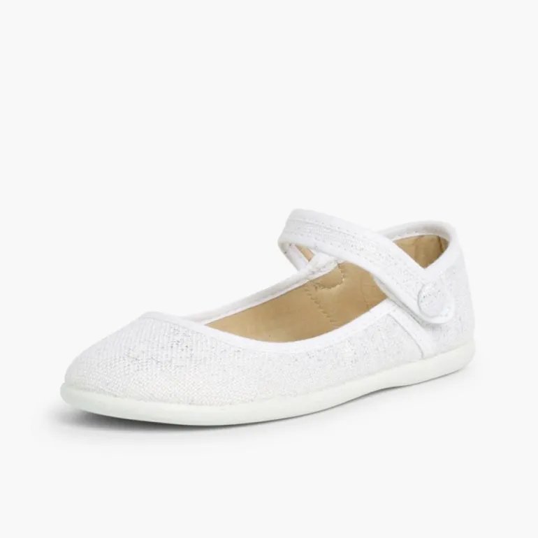 Menina Pisamonas Sapatos Merceditas Tiras Aderentes Em Linho Metalizado