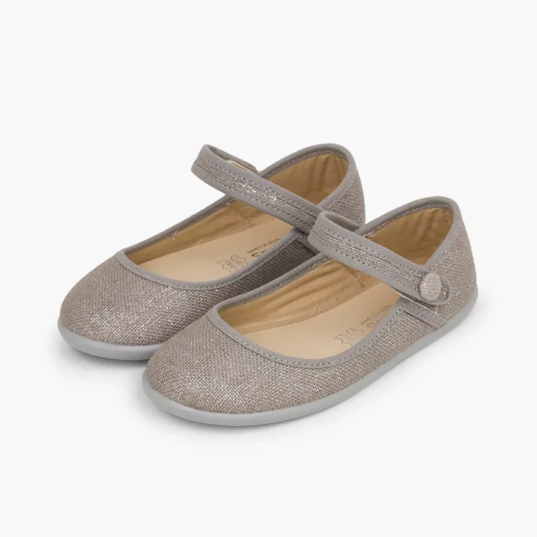 Menina Pisamonas Sapatos Merceditas Tiras Aderentes Em Linho Metalizado