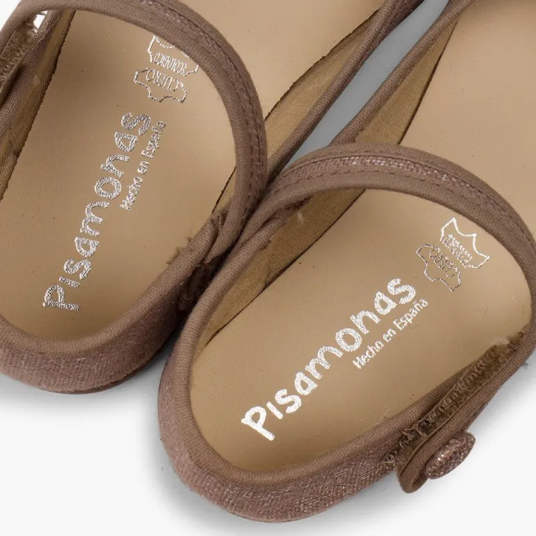 Menina Pisamonas Sapatos Merceditas Tiras Aderentes Em Linho Metalizado
