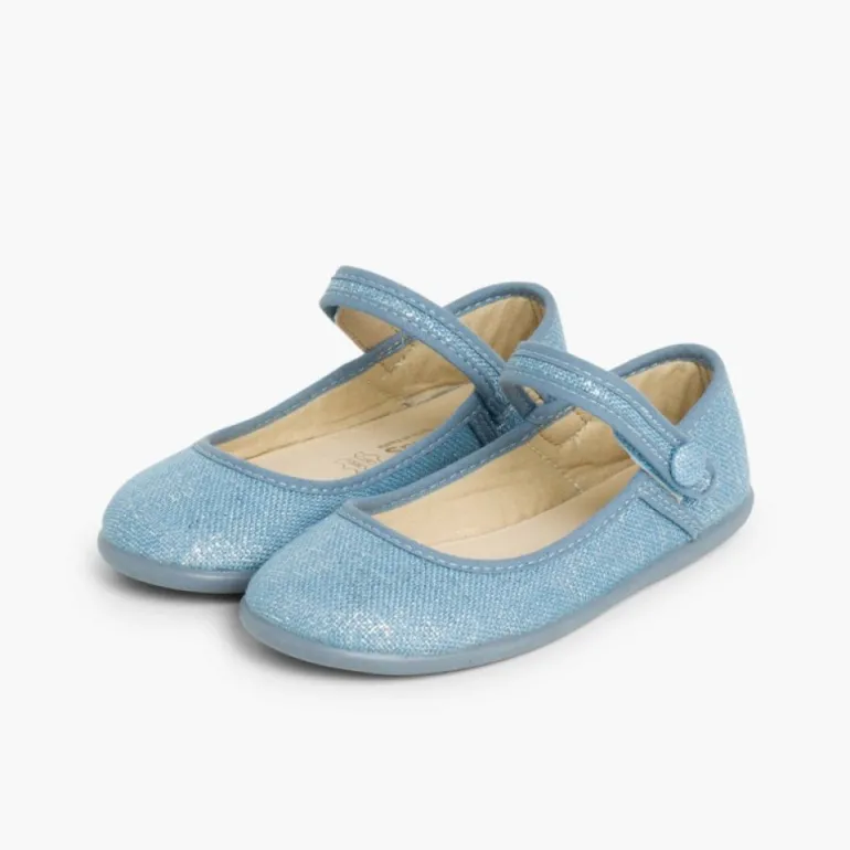 Menina Pisamonas Sapatos Merceditas Tiras Aderentes Em Linho Metalizado
