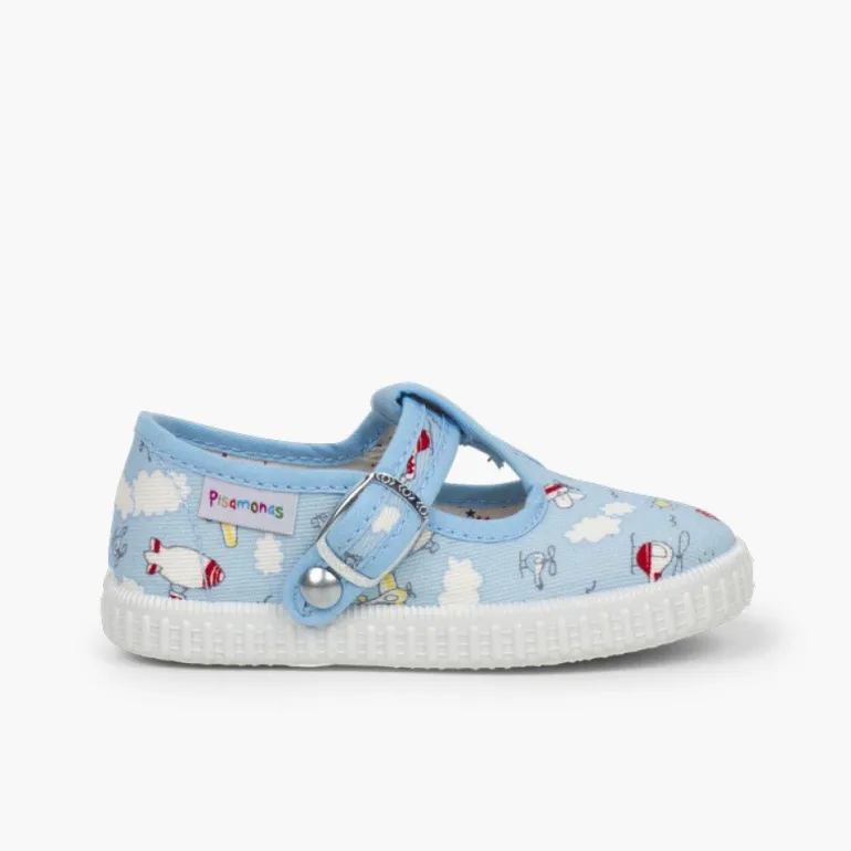 Menino Pisamonas Sapatos Pepito Lona Estampada Fecho Botao